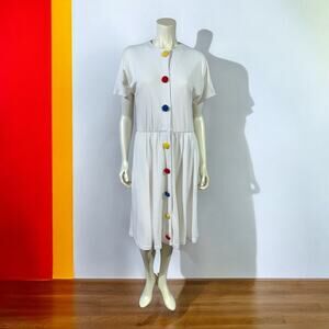 Vintage 90s White Cotton Dress with Rainbow Button Detail